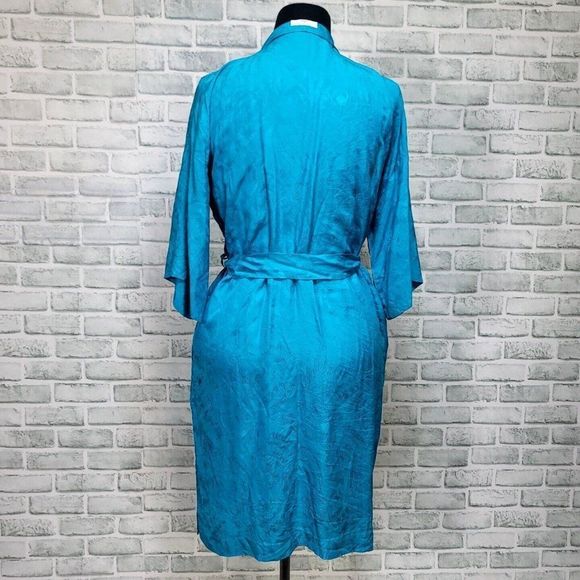 Vintage 80s Dynasty Turquoise Silk Embossed Textured Design Kimono Robe - Picture 4 of 7